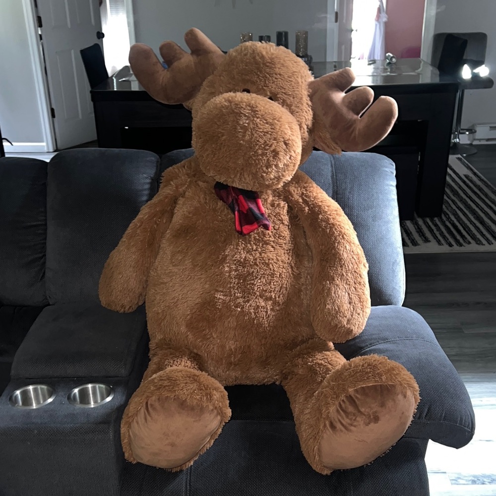 Plush Brown Moose Toy with Red Scarf